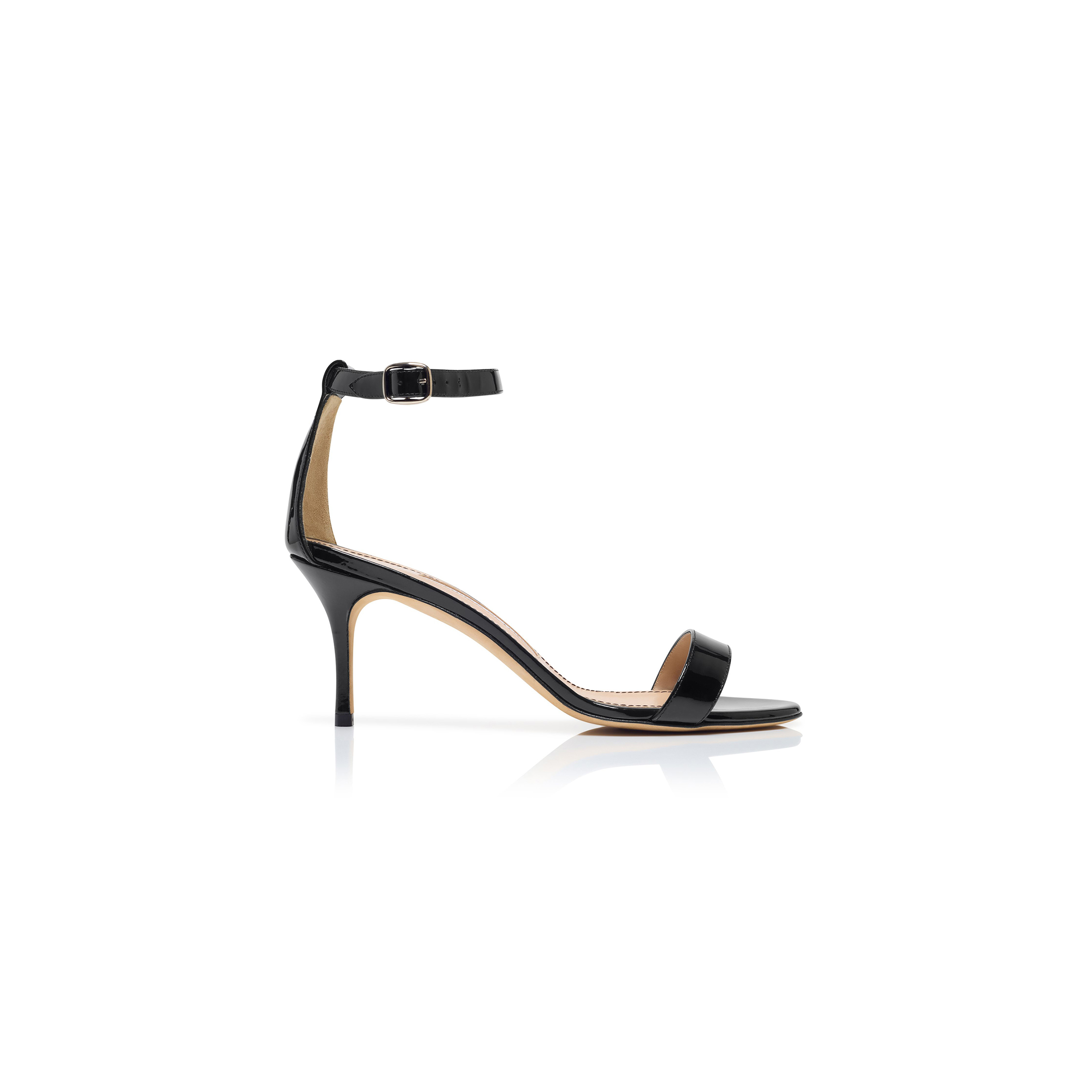 MANOLO BLAHNIK CHAOS BLACK PATENT LEATHER ANKLE STRAP SANDALS 9XX-0753-0012